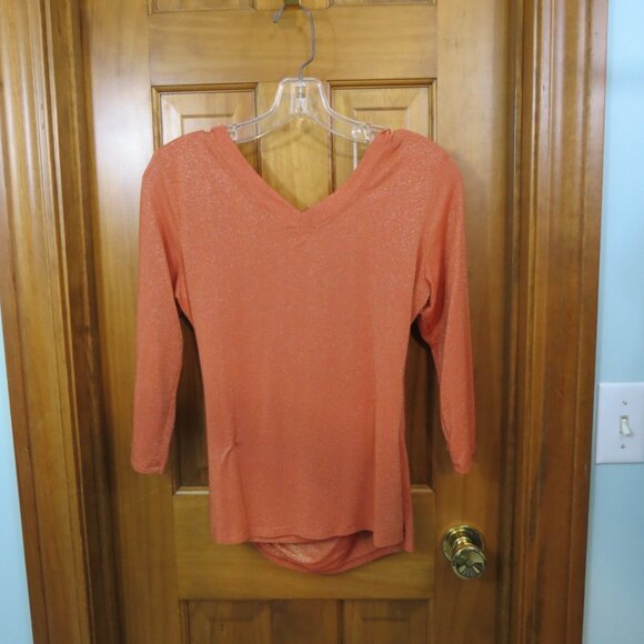 Cache Orange Sparkle Faux Wrap Blouse Deep V 3/4 Sleeve Knit Size Large - Picture 5 of 5